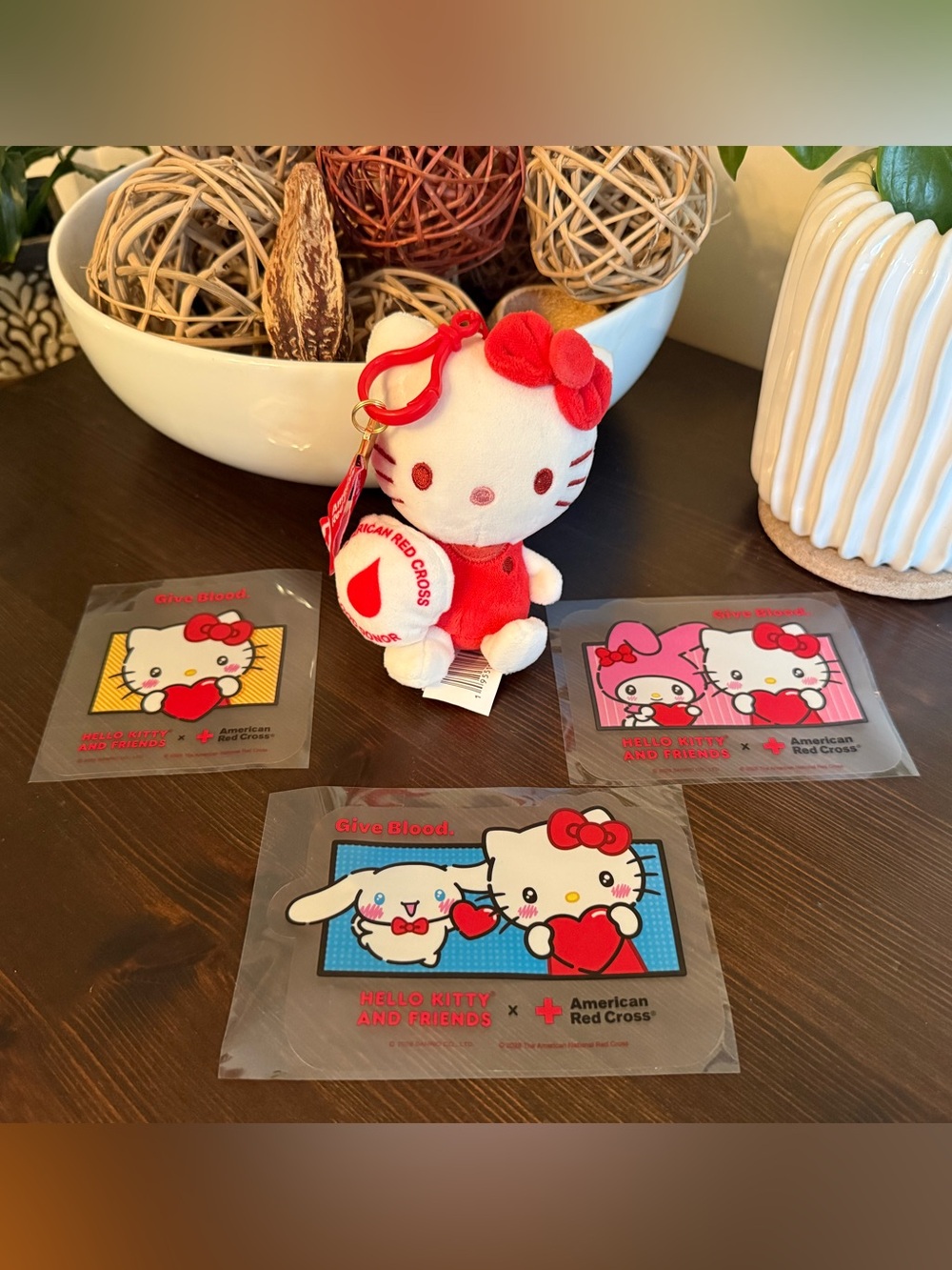 RARE Hello Kitty x American Red Cross Blood Donor Plush Clip & 3 Sticker Set